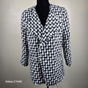 Ann Taylor Navy White Tweed‎ Houndstooth Blazer Medium Pockets Classic Workwear